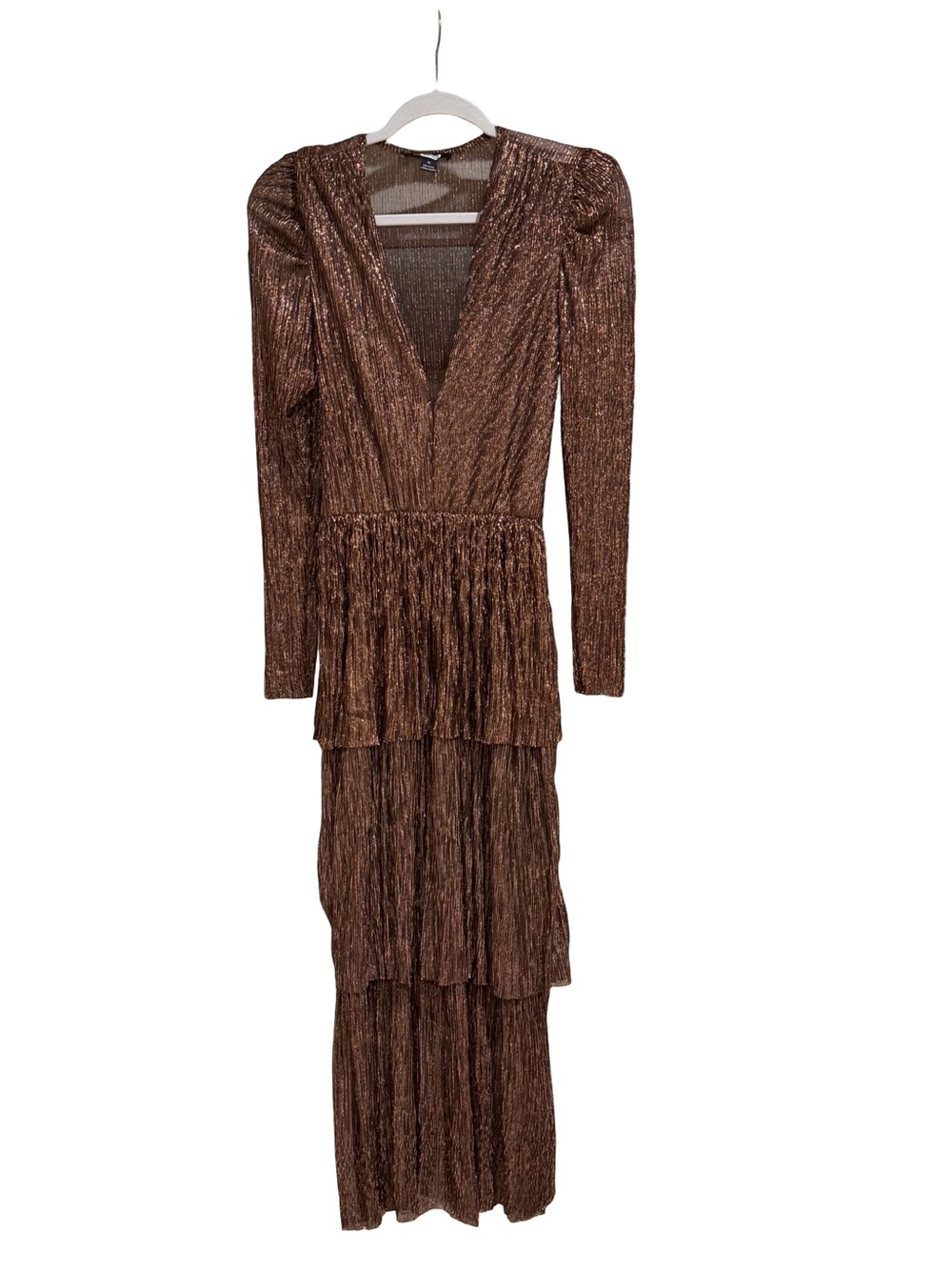 โจ Sabina Musayev Carry Metallic Pleated Tiered Maxi Dress Bronze Size Medium - Picture 6 of 16